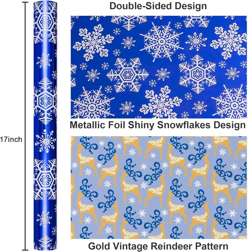 Yarcony Blue Christmas Wrapping Paper Roll, Snowflake Wrapping Paper, Navy Blue and White Snowflake, Deer Winter Theme Christmas Gift Wrap for Holiday, Gift Packaging (Mini Roll, 17 Inch X 33 Feet) - Image 3